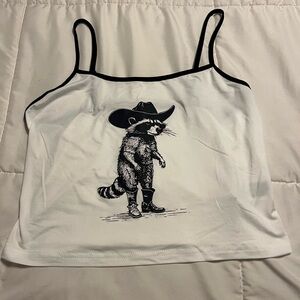 White Tank Top with Raccoon Print